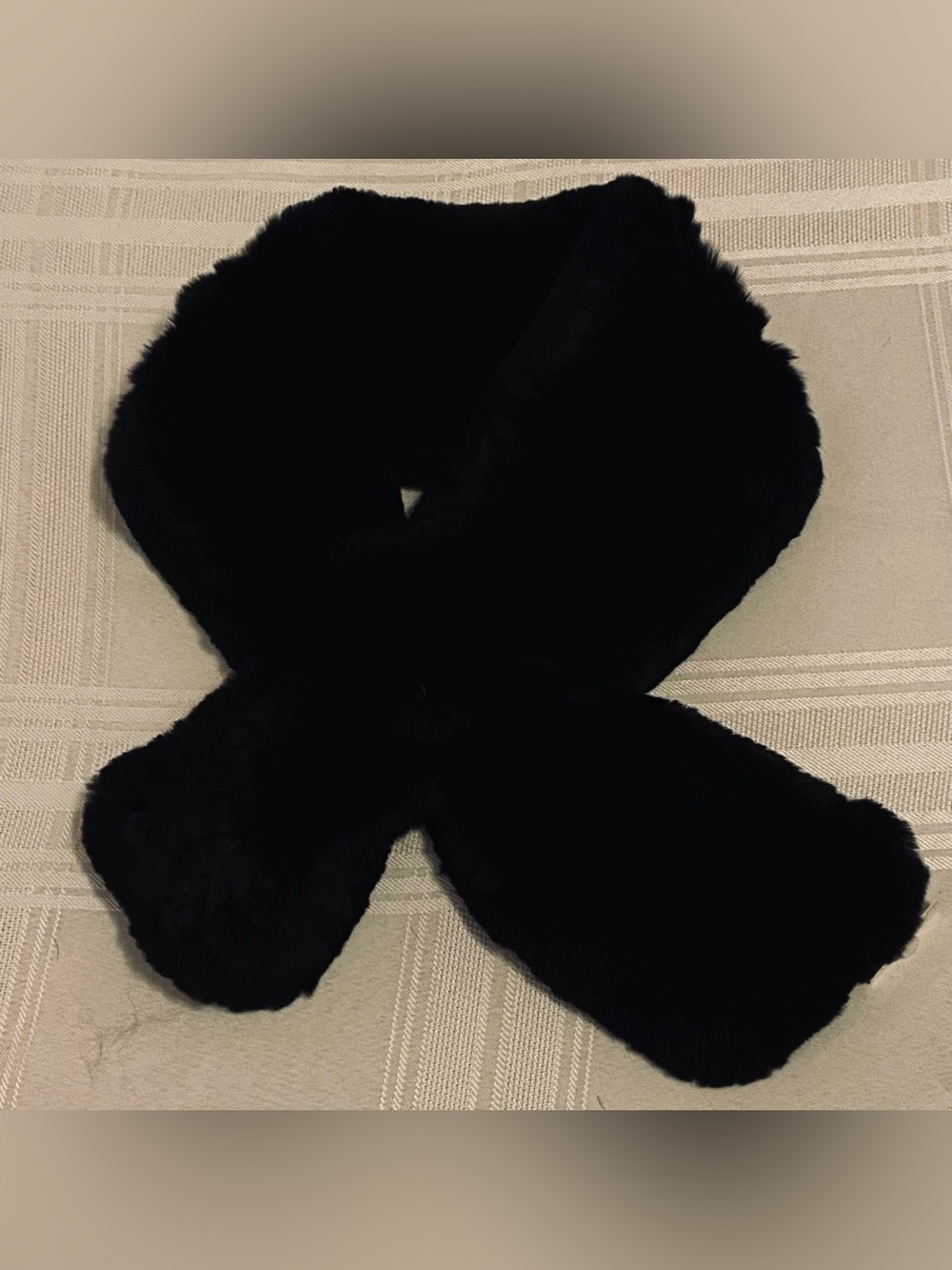 Very difficult to photograph. Pull through Black Fur Scarf with Pom Pom